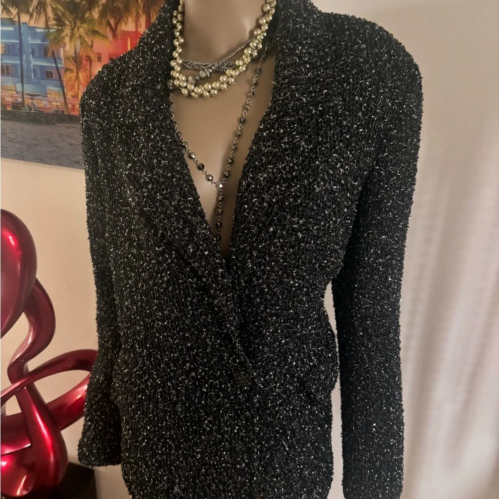 St. John novelty Metallic Black tweed Blazer silver thread evening 16 XL light